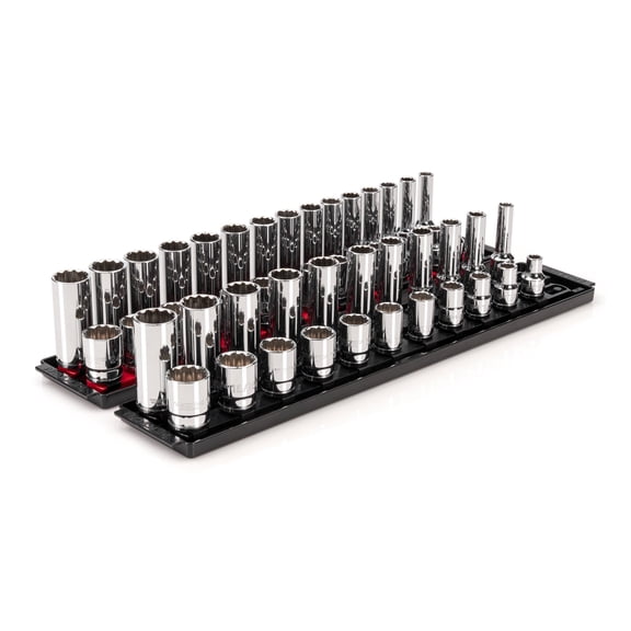 TEKTON 1/2 Inch Drive Shallow and Deep 12-Point Socket Set with Rails and Trays, 52-Piece (3/8 - 1 in., 10 - 24 mm) | SHD92214