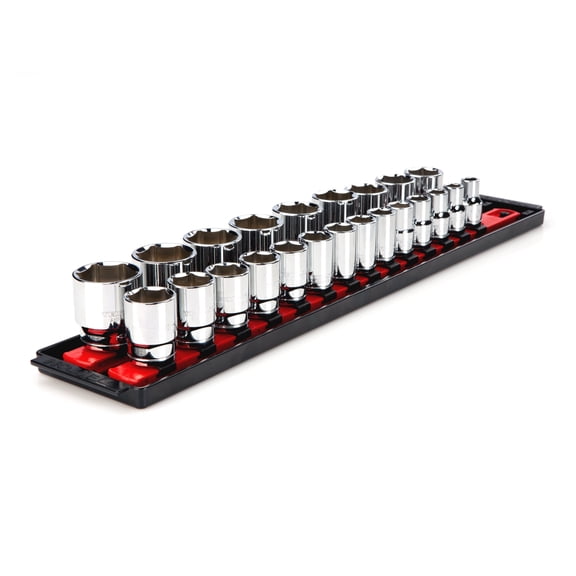 TEKTON 1/2 Inch Drive Shallow 6-Point Socket Set with Rails and Tray, 23-Piece (10 - 32 mm) | SHD92002