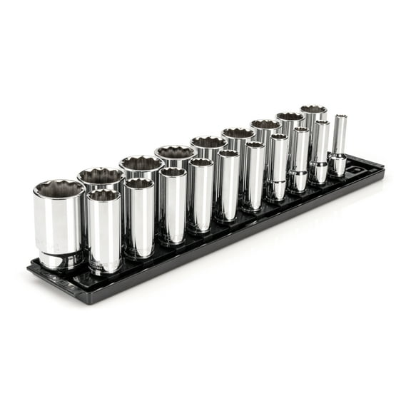 TEKTON 1/2 Inch Drive Deep 12-Point Socket Set with Rails, 19-Piece (3/8-1-1/2 in.) | SHD92127