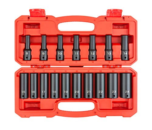 TEKTON 1/2 Inch Drive Deep 6-Point Impact Socket Set, 17-Piece (8-24 mm) | SID92329