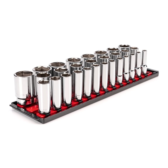 TEKTON 1/2 Inch Drive Deep 6-Point Socket Set with Rails and Tray, 29-Piece (10 - 38 mm) | SHD92125