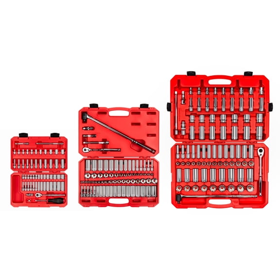 TEKTON 1/4, 3/8, 1/2 Inch Drive Shallow and Deep 6-Point Socket and Ratchet Set with Cases, 212-Piece (5/32 - 1-5/16 in., 4 - 32 mm) | SKT95304