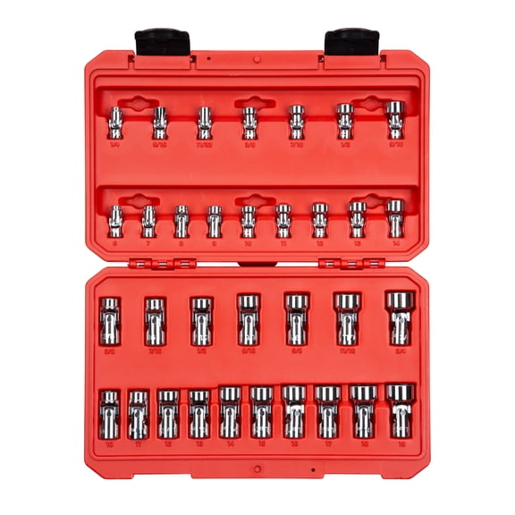 TEKTON 1/4, 3/8 Inch Drive Shallow 6-Point Universal Joint Socket Set with Case, 33-Piece (1/4 - 3/4 in., 6 - 19 mm) | SHD99301