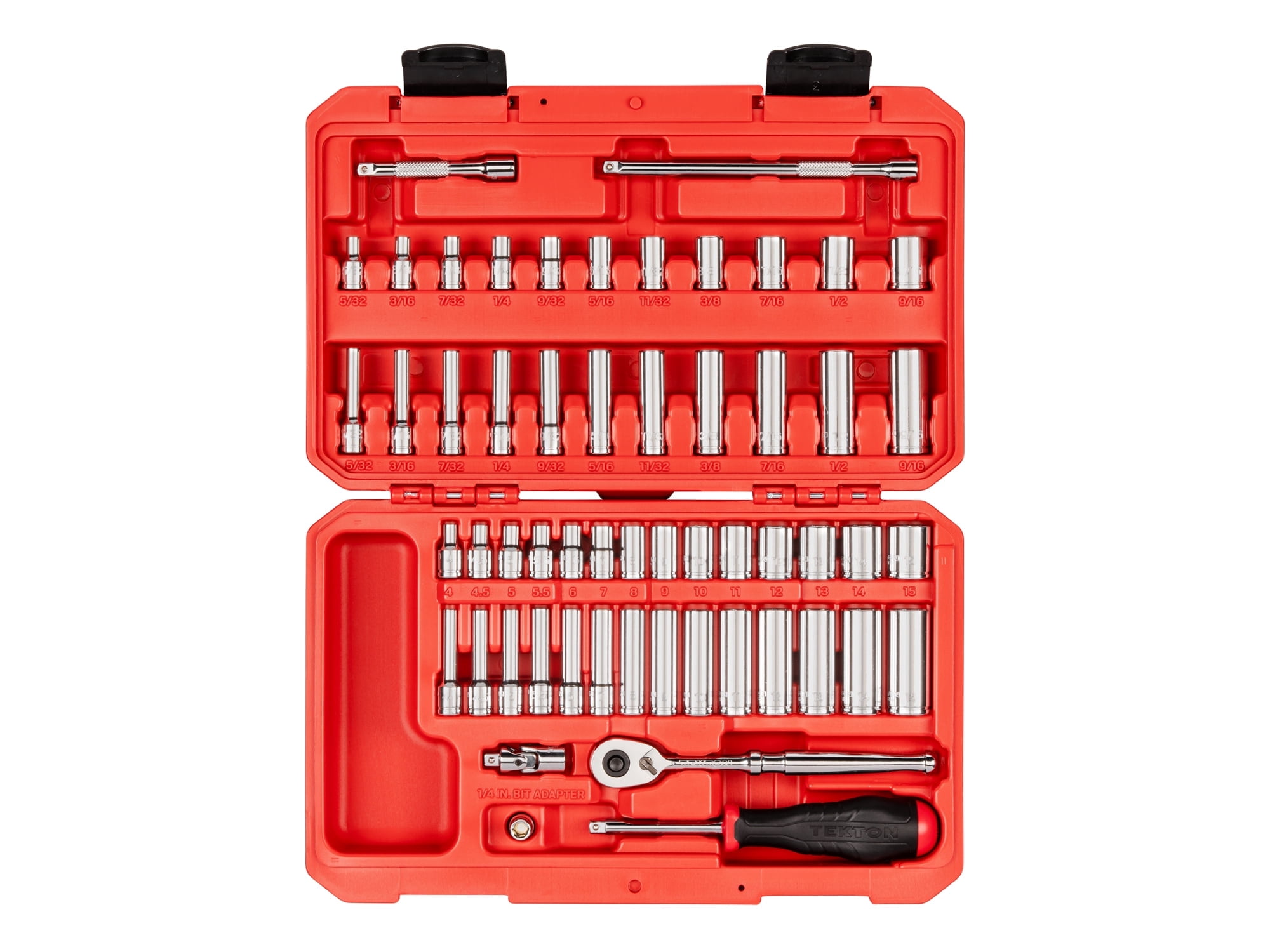 TEKTON 1/4 Inch Drive Shallow and Deep 12-Point Socket and Ratchet Set with Case, 56-Piece (5/32-9/16 in., 4-15 mm) | SKT05304