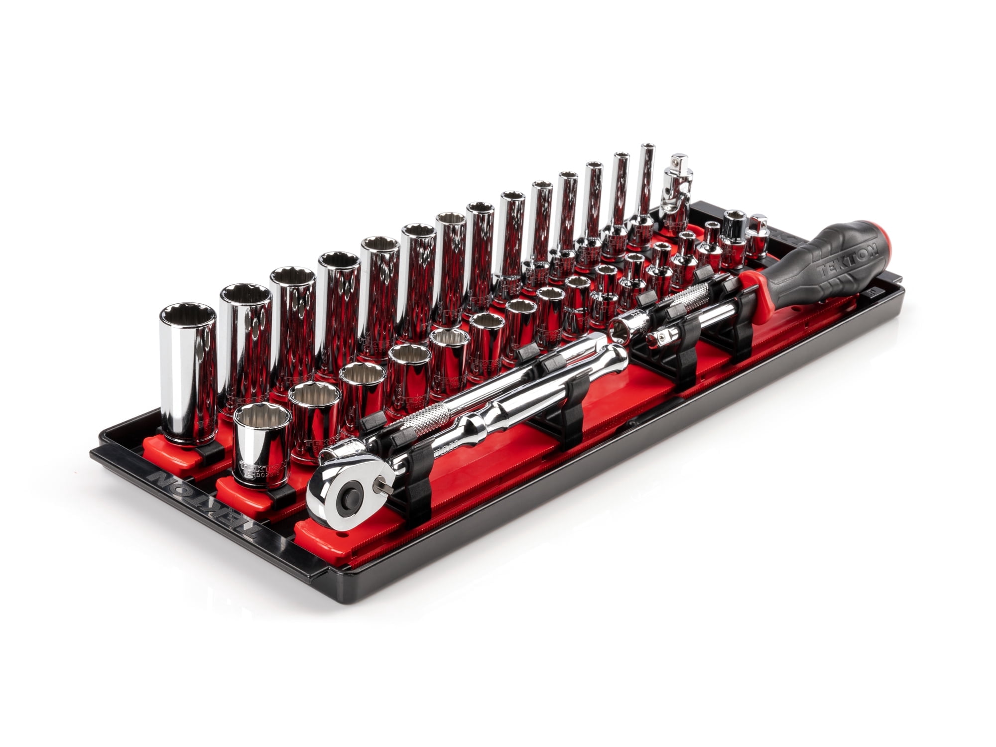 TEKTON 1/4 Inch Drive Shallow and Deep 12-Point Socket and Ratchet Set with Rails and Tray, 35-Piece (4 - 15 mm) | SKT03202