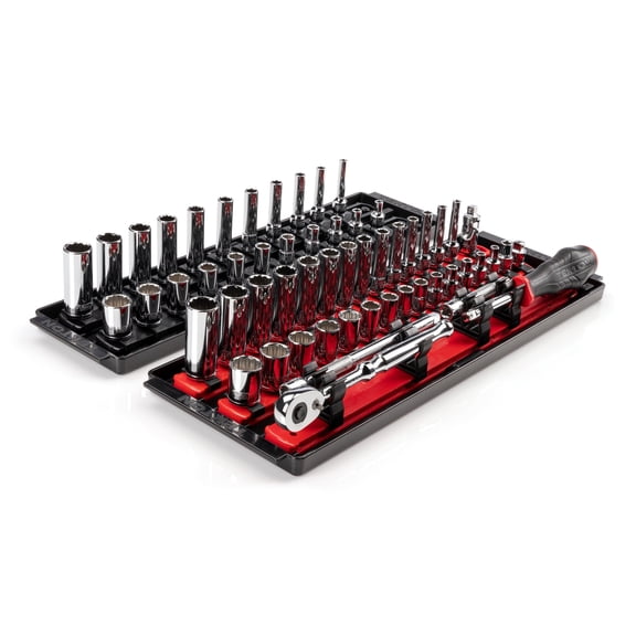 TEKTON 1/4 Inch Drive Shallow and Deep 12-Point Socket and Ratchet Set with Rails and Trays, 57-Piece (5/32 - 9/16 in., 4 - 15 mm) | SKT03302