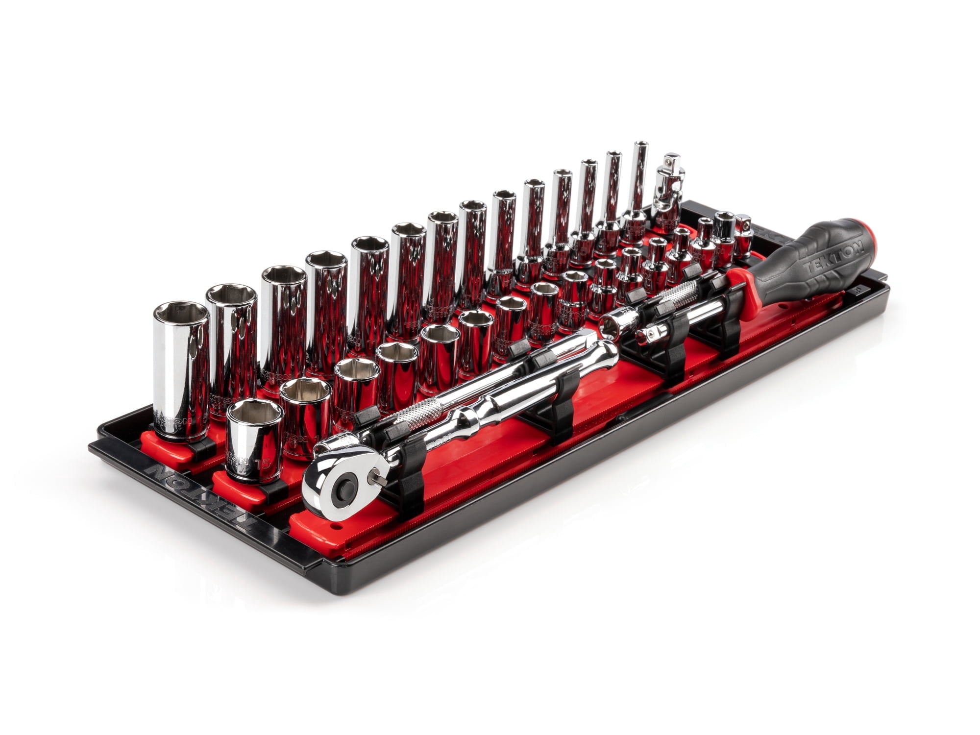 TEKTON 1/4 Inch Drive Shallow and Deep 6-Point Socket and Ratchet Set with Rails and Tray, 35-Piece (4 - 15 mm) | SKT03201
