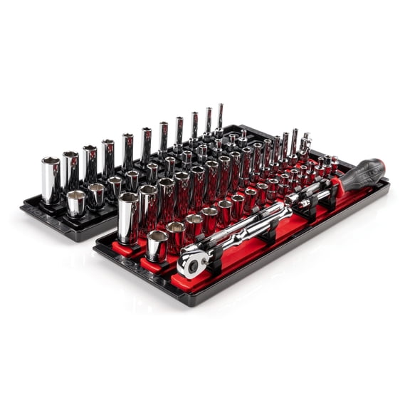 TEKTON 1/4 Inch Drive Shallow and Deep 6-Point Socket and Ratchet Set with Rails and Trays, 57-Piece (5/32 - 9/16 in., 4 - 15 mm) | SKT03301