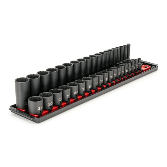 TEKTON 3/8 Inch Drive 12-Point Impact Socket Set with Rails, 38-Piece (6-24 mm) | SID91215