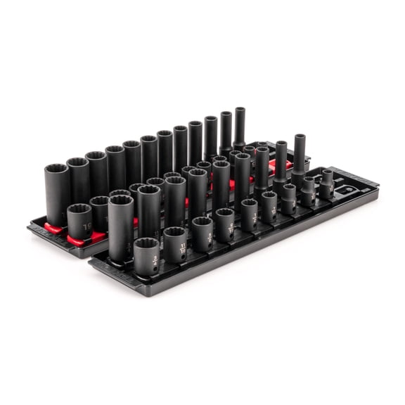 TEKTON 3/8 Inch Drive 12-Point Impact Socket Set with Rails, 42-Piece (5/16-3/4 in., 8-19 mm) | SID91217
