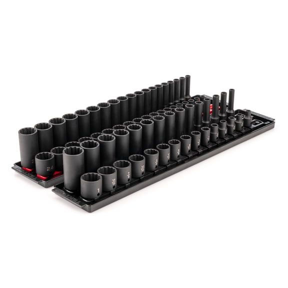 TEKTON 3/8 Inch Drive 12-Point Impact Socket Set with Rails, 68-Piece (1/4-1 in., 6-24 mm) | SID91219