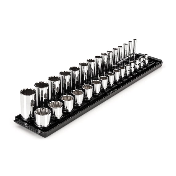 TEKTON 3/8 Inch Drive Shallow and Deep 12-Point Socket Set with Rails and Tray, 30-Piece (1/4 - 1 in.) | SHD91210