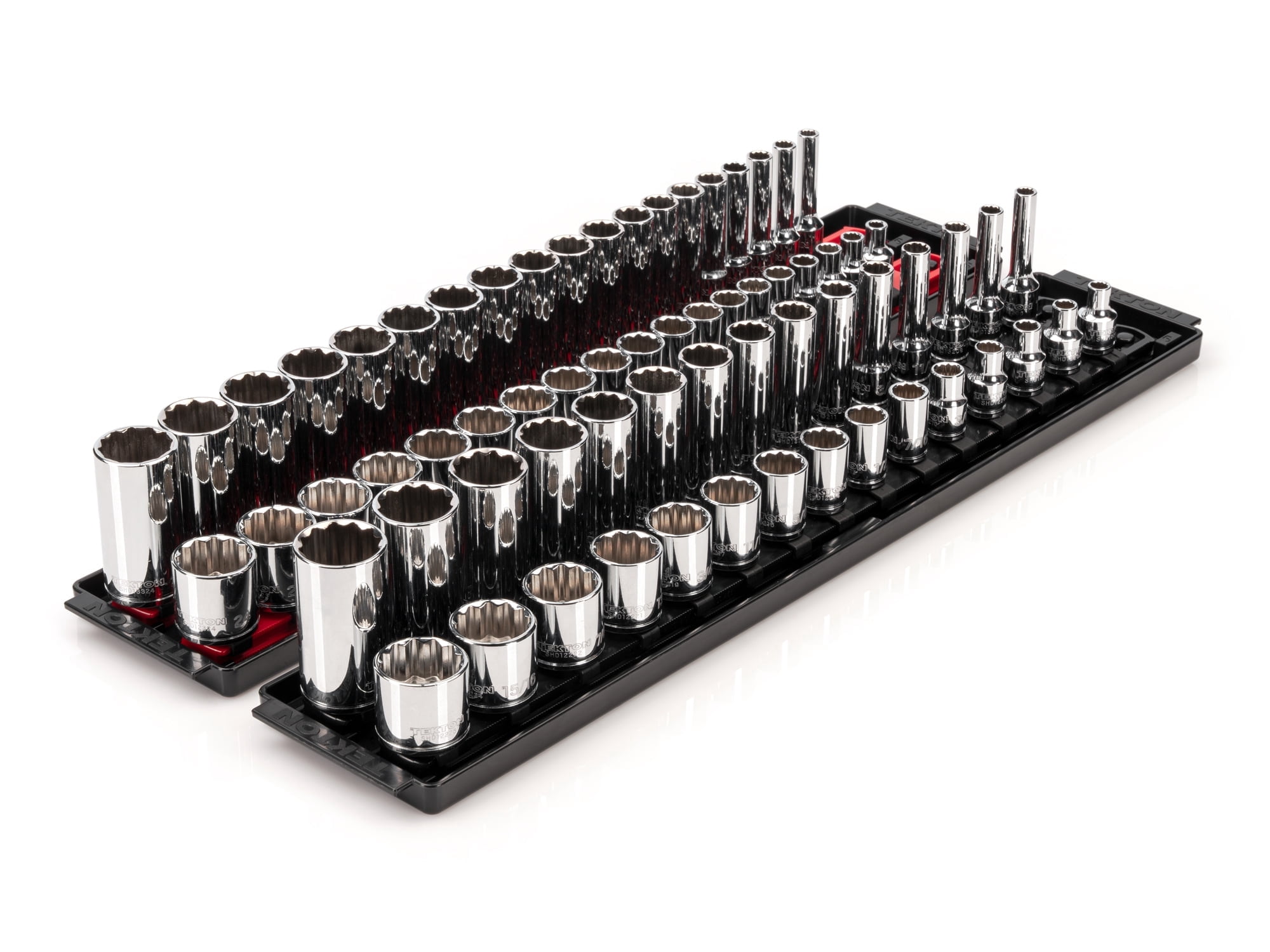 TEKTON 3/8 Inch Drive Shallow and Deep 12-Point Socket Set with Rails and Trays, 68-Piece (1/4 - 1 in., 6 - 24 mm) | SHD91221