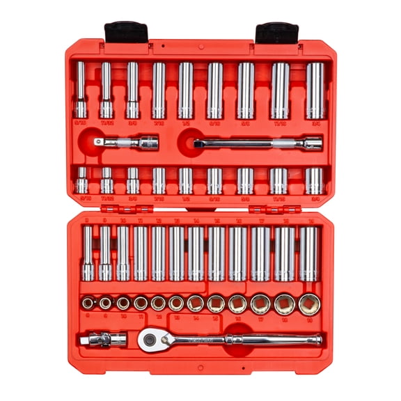 TEKTON 3/8 Inch Drive Shallow and Deep 12-Point Socket and Ratchet Set with Case, 46-Piece (5/16-3/4 in., 8-19 mm) | SKT15302