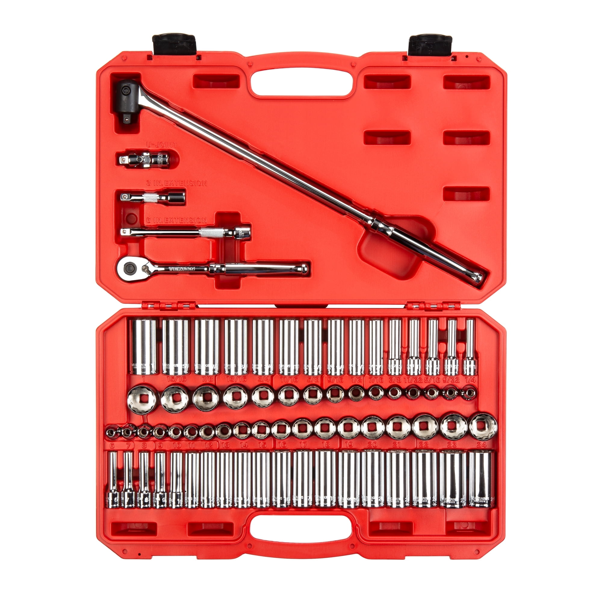 TEKTON 3/8 Inch Drive Shallow and Deep 12-Point Socket and Ratchet Set with Case, 73-Piece (1/4 - 1 in., 6 - 24 mm) | SKT15312
