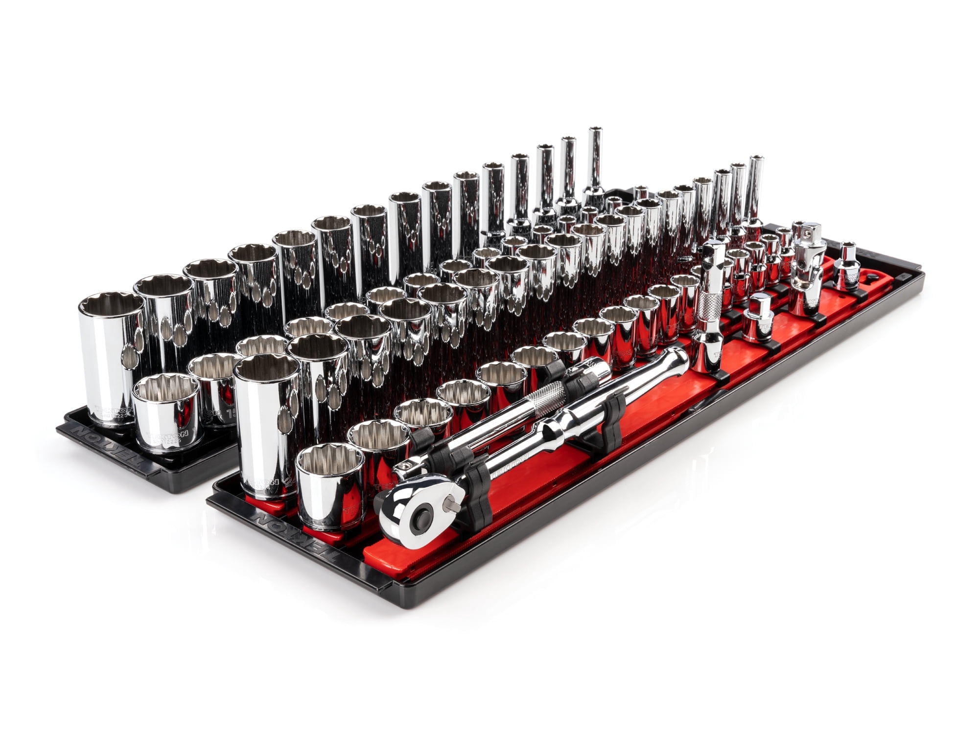 TEKTON 3/8 Inch Drive Shallow and Deep 12-Point Socket and Ratchet Set with Rails and Trays, 74-Piece (1/4 - 1 in., 6 - 24 mm) | SKT13302