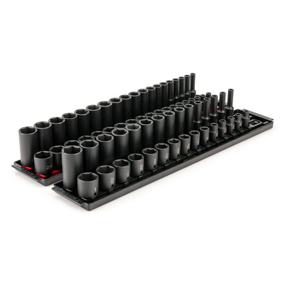 TEKTON 3/8 Inch Drive 6-Point Impact Socket Set with Rails, 68-Piece (1/4-1 in., 6-24 mm) | SID91218