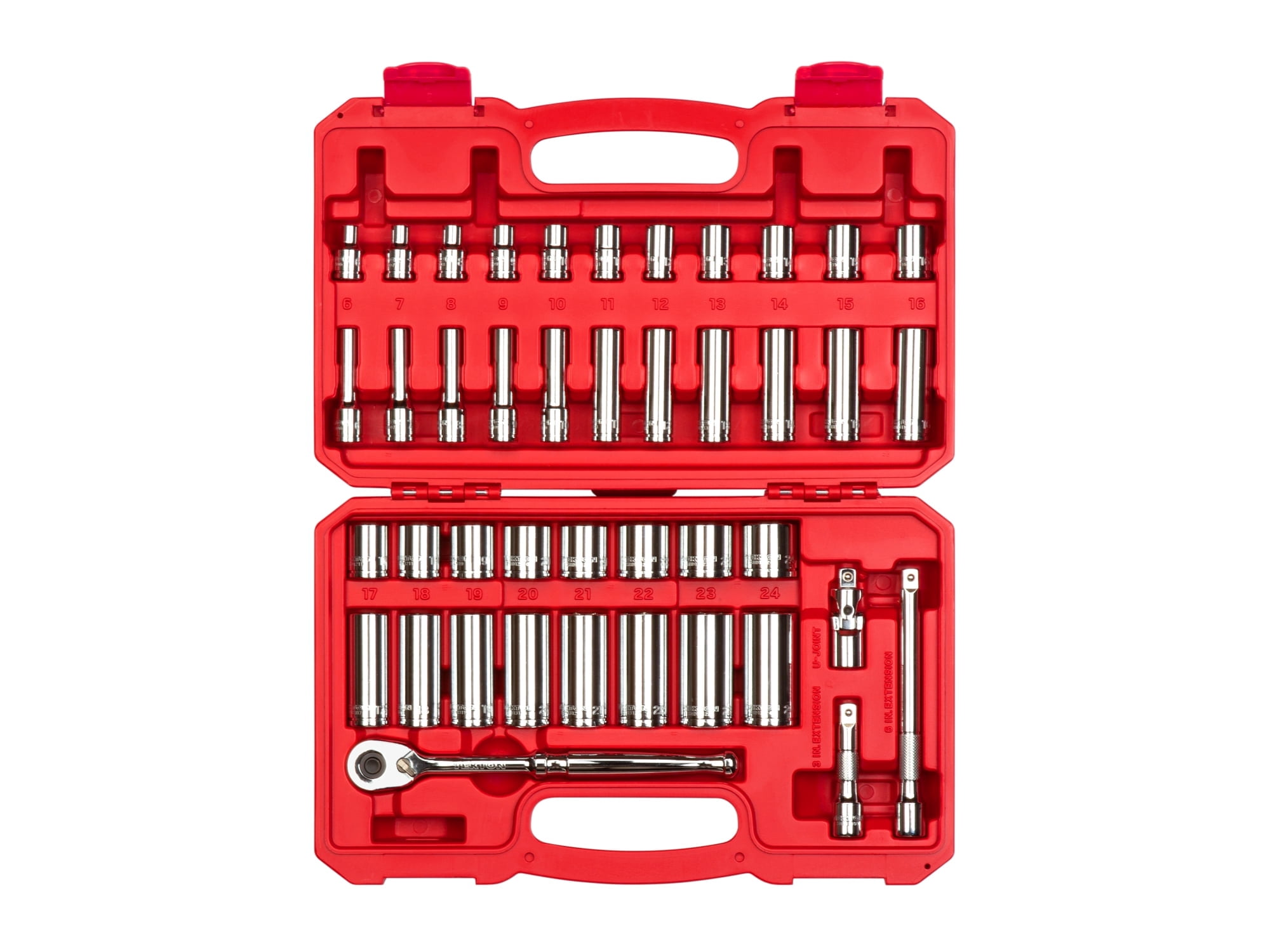 TEKTON 3/8 Inch Drive Shallow and Deep 6-Point Socket and Ratchet Set with Case, 42-Piece (6 - 24 mm) | SKT15201