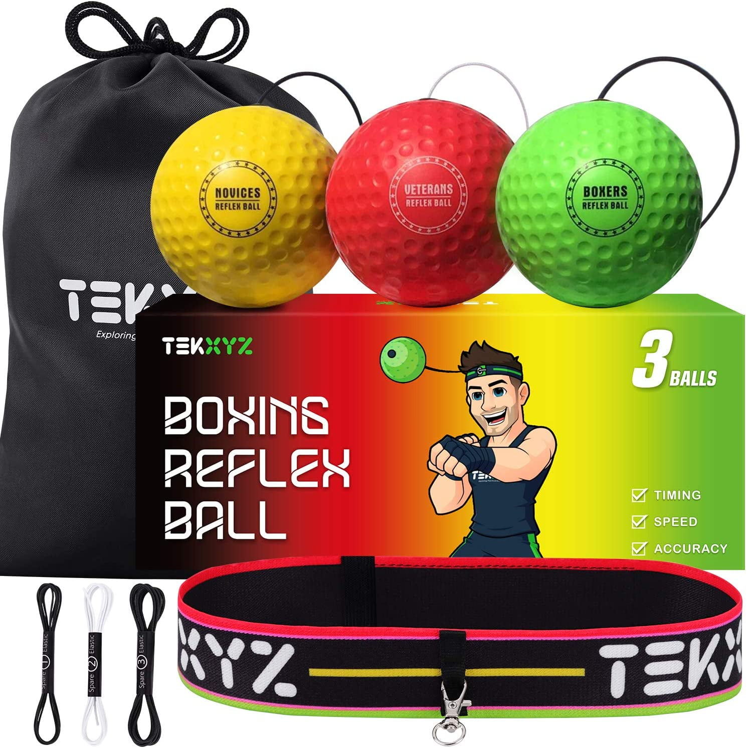 TEKXYZ Boxing Reflex Ball, 3 Difficulty Levels Boxing Ball with Headband,  Softer Than Tennis Ball, Perfect for Reaction, Agility, Punching Speed
