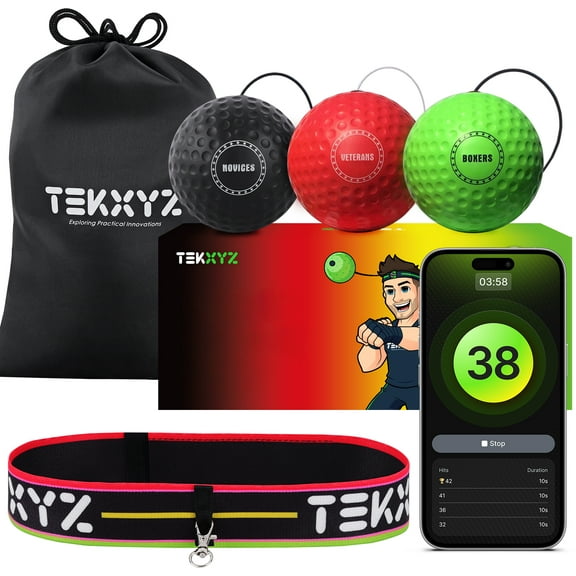 TekXYZ® Reflex Ball with Counter App | Online Community for Boxing Ball, Stocking Stuffer Gift (Black/Red/Green)