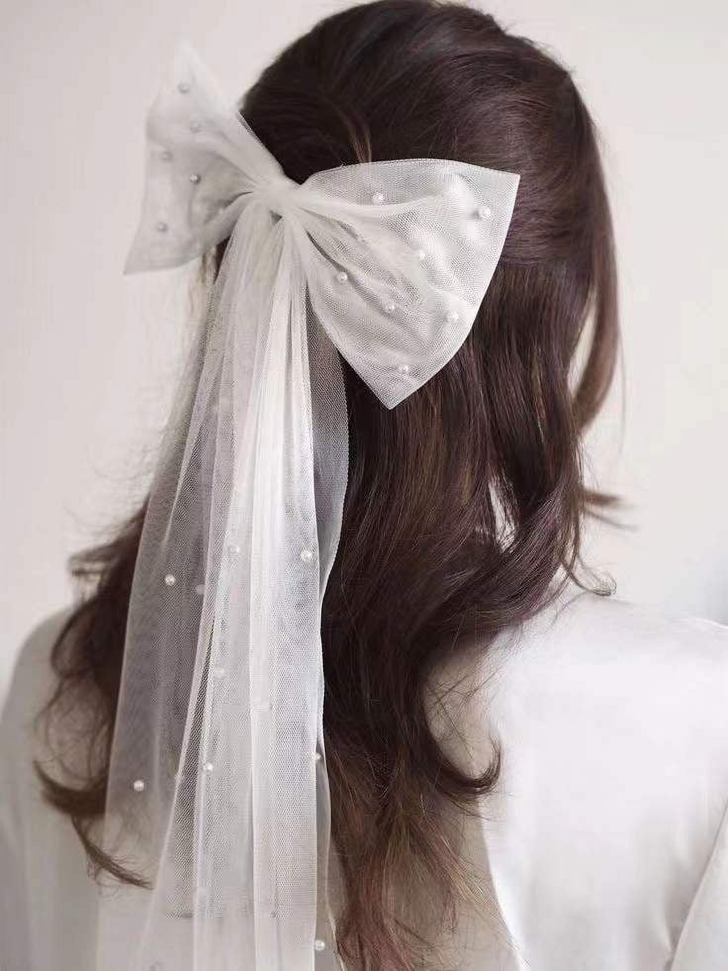 Pearl Veil and Hair Bow Clip for Bachelorette Party White Pearl Bow