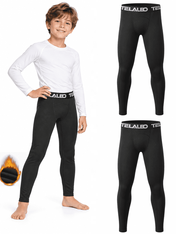 2 Pack Boys Fleece Lined Thermal Compression Leggings, Youth Cold Weather Base Layer Athletic Pants,Size L