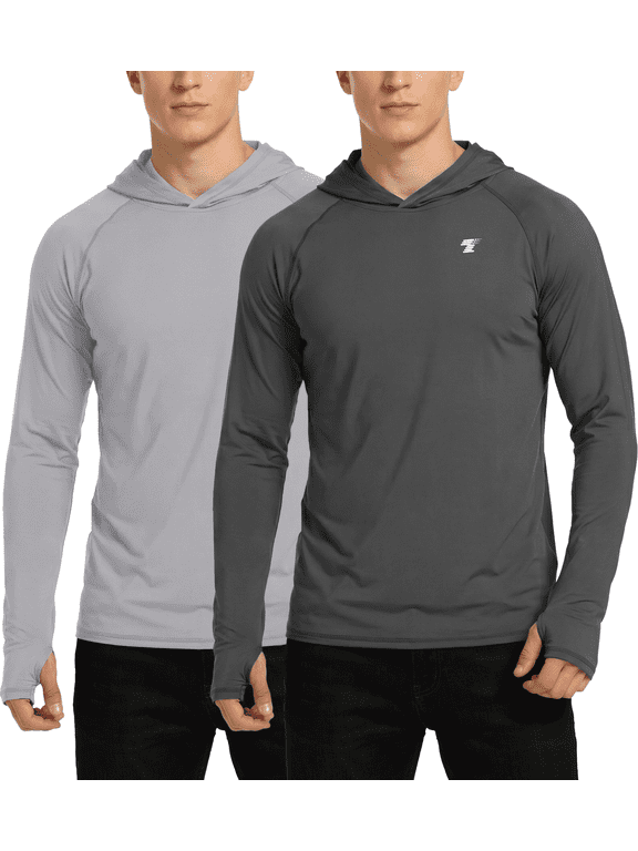 2 Pack Men's UPF 50+ Sun Protection Hooded Long Sleeve Fishing Shirts, Quick Dry Moisture Wicking Shirts with Thumb Holes for Outdoor Sports