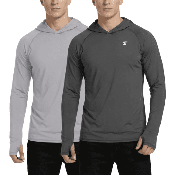 TELALEO 2 Pack Men's UPF 50 Sun Protection Hooded Long Sleeve Fishing Shirts, Quick Dry Moisture Wicking Shirts with Thumb Holes for Outdoor Sports