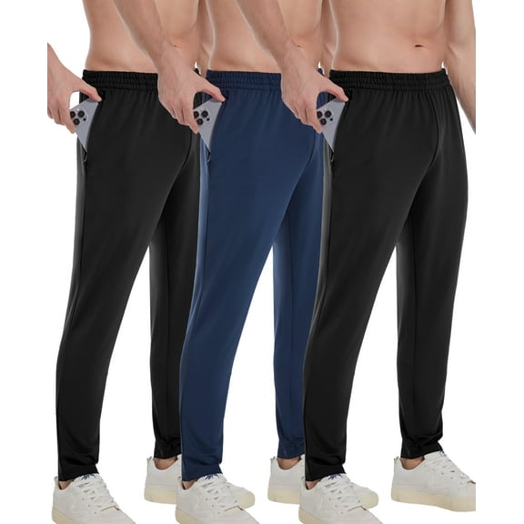 TELALEO Men's 3-Pack Athletic Knitted Track Sweatpants Joggers with Zipper Pockets, Size L