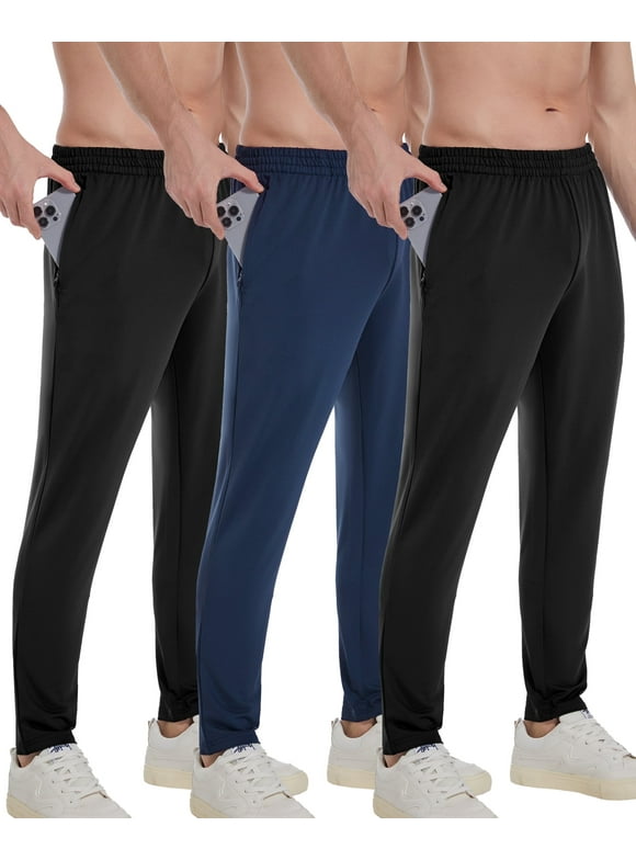 Men's 3-Pack Athletic Knitted Track Sweatpants Joggers with Zipper Pockets, Size L