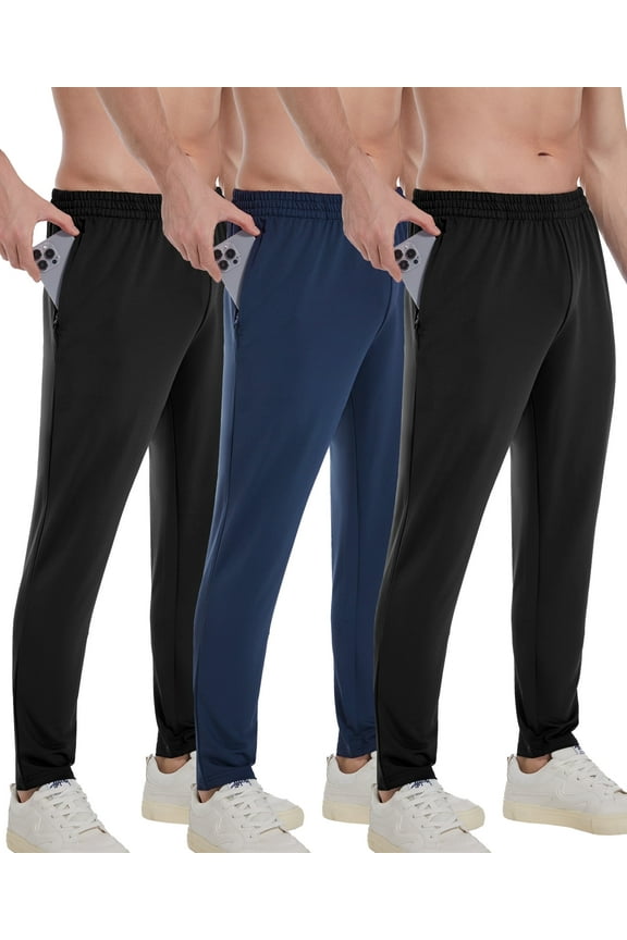 Men's 3-Pack Athletic Knitted Track Sweatpants Joggers with Zipper Pockets, Size L