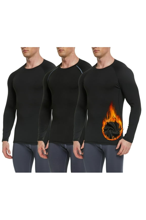 Mens Thermal Shirts Fleece Lined Base Layer Cold Weather Winter Gear Tops, 3 Pack  Black