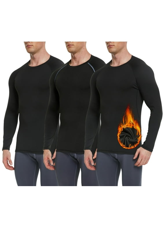 Mens Thermal Shirts Fleece Lined Base Layer Cold Weather Winter Gear Tops, 3 Pack  Black