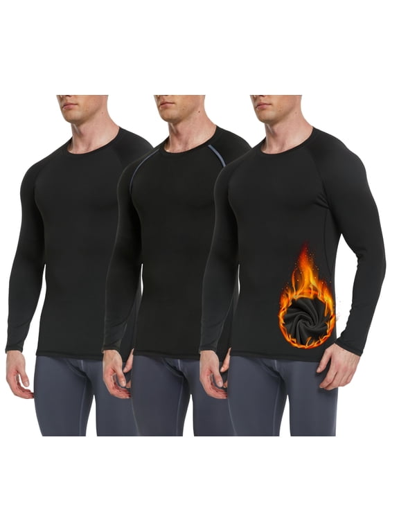 Mens Thermal Shirts Fleece Lined Base Layer Cold Weather Winter Gear Tops, 3 Pack Black