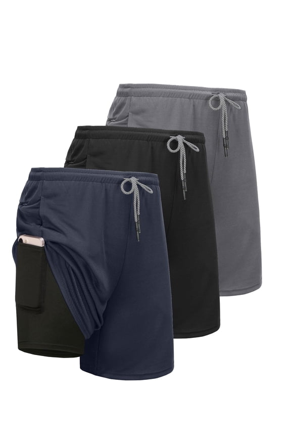 Mens 2 in 1 Running Workout Shorts with Liner and Pockets Dry Fit Athletic,3 Pack,Size L
