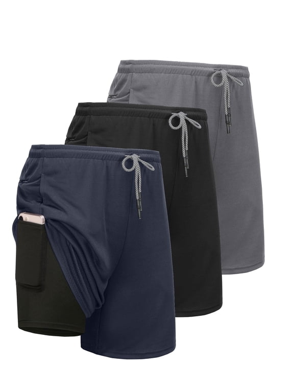 Mens 2 in 1 Running Workout Shorts with Liner and Pockets Dry Fit Athletic,3 Pack,Size S