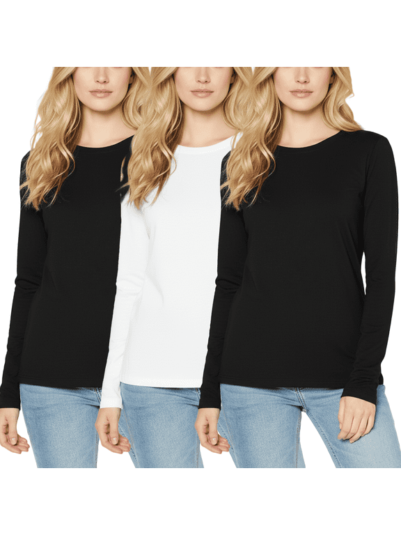 Underscrub Long Sleeve Shirts for Women Tops Double Sided Fleece Lined Undershirt Cold Weather, 3 Pack, Black and White, Size M