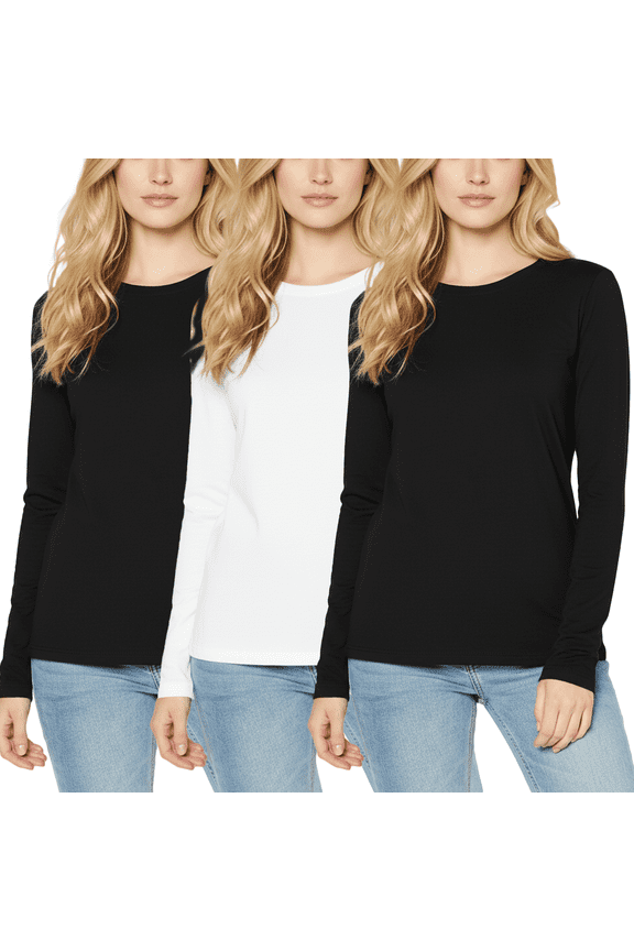 Underscrub Long Sleeve Shirts for Women Tops Double Sided Fleece Lined Undershirt Cold Weather, 3 Pack, Black and White, Size M