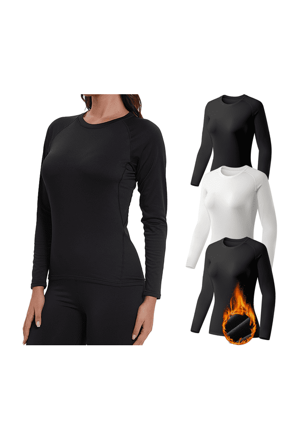 Thermal Shirts for Women Fleece Lined Underscrub Long Sleeve Undershirt Athletic Base Layer Cold Weather, 3 Pack, Black and White, Size 2XL