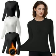 TELALEO Thermal Shirts for Women Fleece Lined Underscrub Long Sleeve Undershirt Athletic Base Layer Cold Weather, 3 Pack, Black and White, Size L