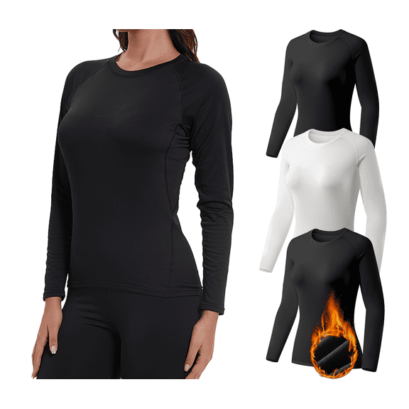 TELALEO Thermal Shirts for Women Fleece Lined Underscrub Long Sleeve Undershirt Athletic Base Layer Cold Weather, 3 Pack, Black and White, Size XL