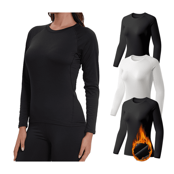 TELALEO Thermal Shirts for Women Fleece Lined Underscrub Long Sleeve Undershirt Athletic Base Layer Cold Weather, 3 Pack, Black and White, Size XL
