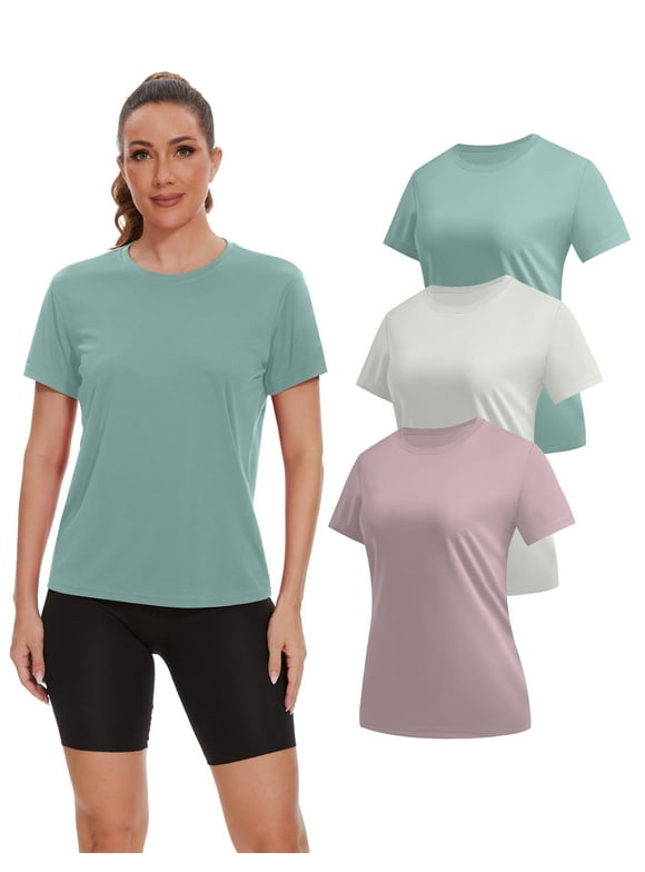 Women's Workout Tops, 3 Pack Short Sleeve Quick Dry Athletic T-Shirts for Tennis, Yoga, Running, Crew Neck (M)