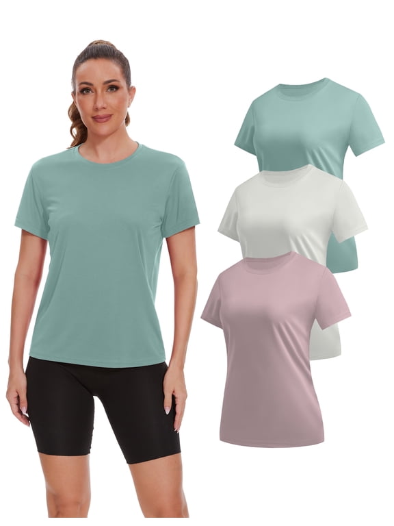 Women's Quick Dry Short Sleeve Workout Tops, 3 Pack - Athletic T-Shirts for Tennis, Yoga, Running (Size S)