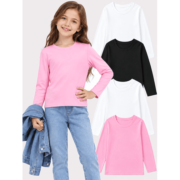 TELALEO 4 Pack Girls Long Sleeve Shirts Double Brushed Solid Color Basic Layering Tees, Size L
