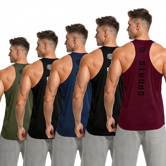 TELALEO 5 Pack Men's Mesh Y-Back Sleeveless Workout Tank Tops, Quick Dry Breathable Athletic Muscle Vests for Gym and Daily Wear,Size L