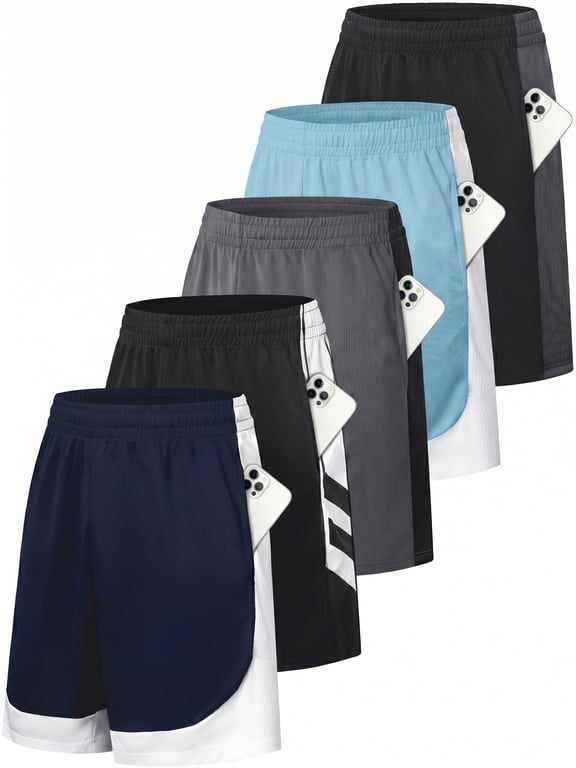 5 Pack Mens Mesh Athletic Basketball Shorts Gym Shorts with Pockets, Quick Dry Running Shorts for Men L