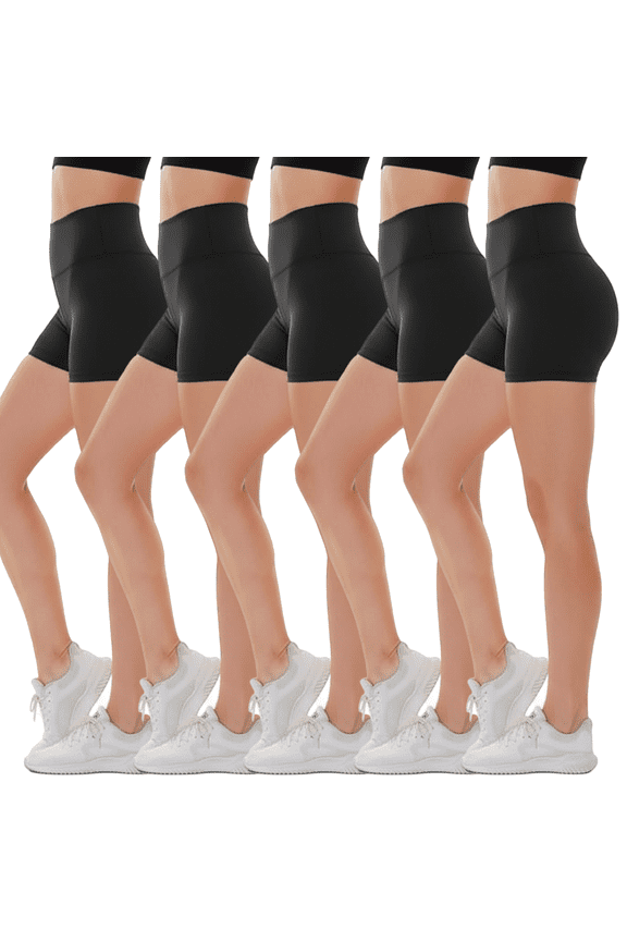 4" Women's Black Biker Yoga Shorts-Tummy Control Spandex  Booty Shorts for Gym Running Volleyball Workout shorts 5 Pack