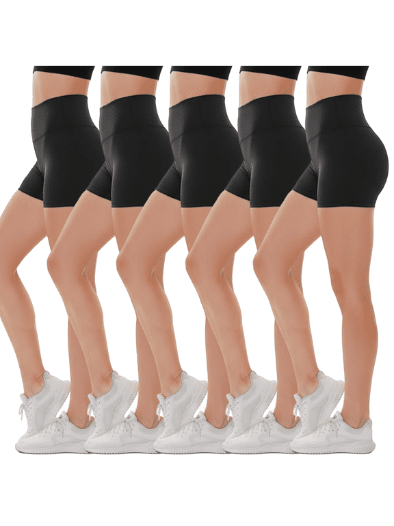 4" Women's Black Biker Yoga Shorts-Tummy Control Spandex Booty Shorts for Gym Running Volleyball Workout shorts 5 Pack