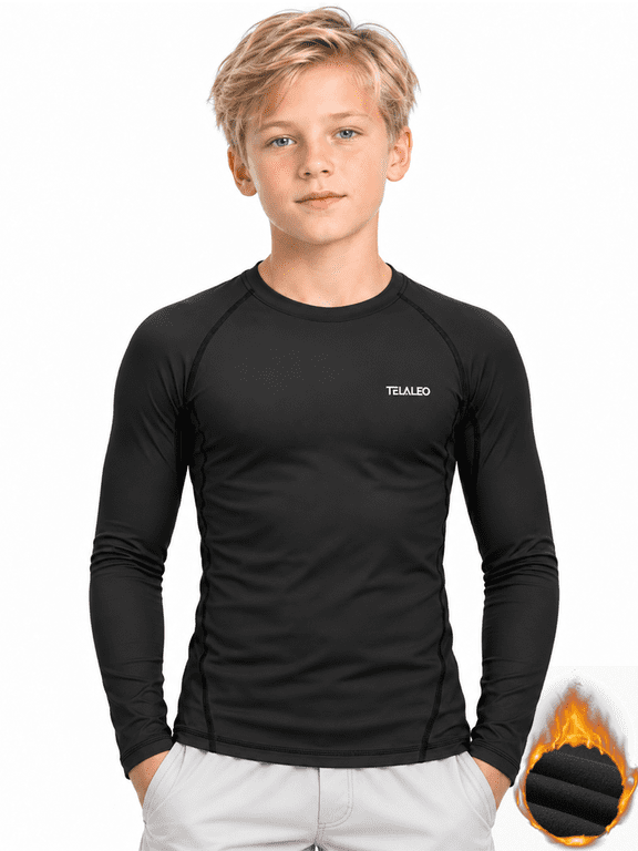 Boys Fleece Lined Thermal Compression Shirt, Long Sleeve Crew Neck Athletic Base Layer for Cold Weather, Black,Size S